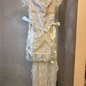 Ivory Lace Maxi Dress with Satin Ribbon Detail